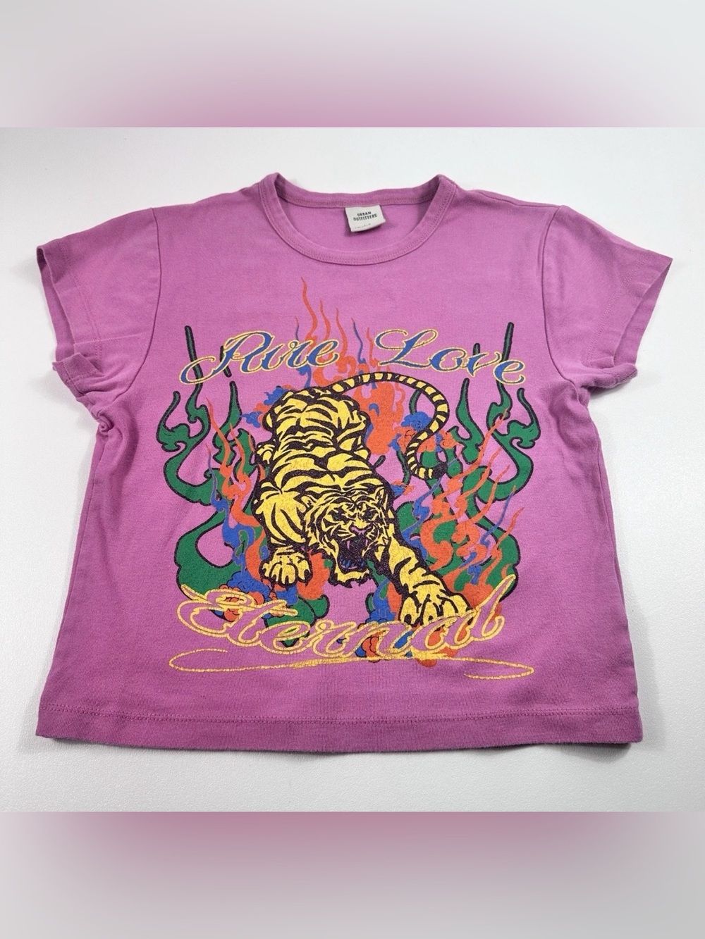 Urban Outfitters Pure Love Tiger Baby Tee Womens L Pink Graphic Crop Top Y2K